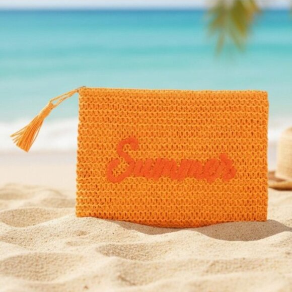 Orange Woven Straw Fringe Tote & Pouch w/Summer Embroidery & Gold Lurex Detail - Picture 4 of 4